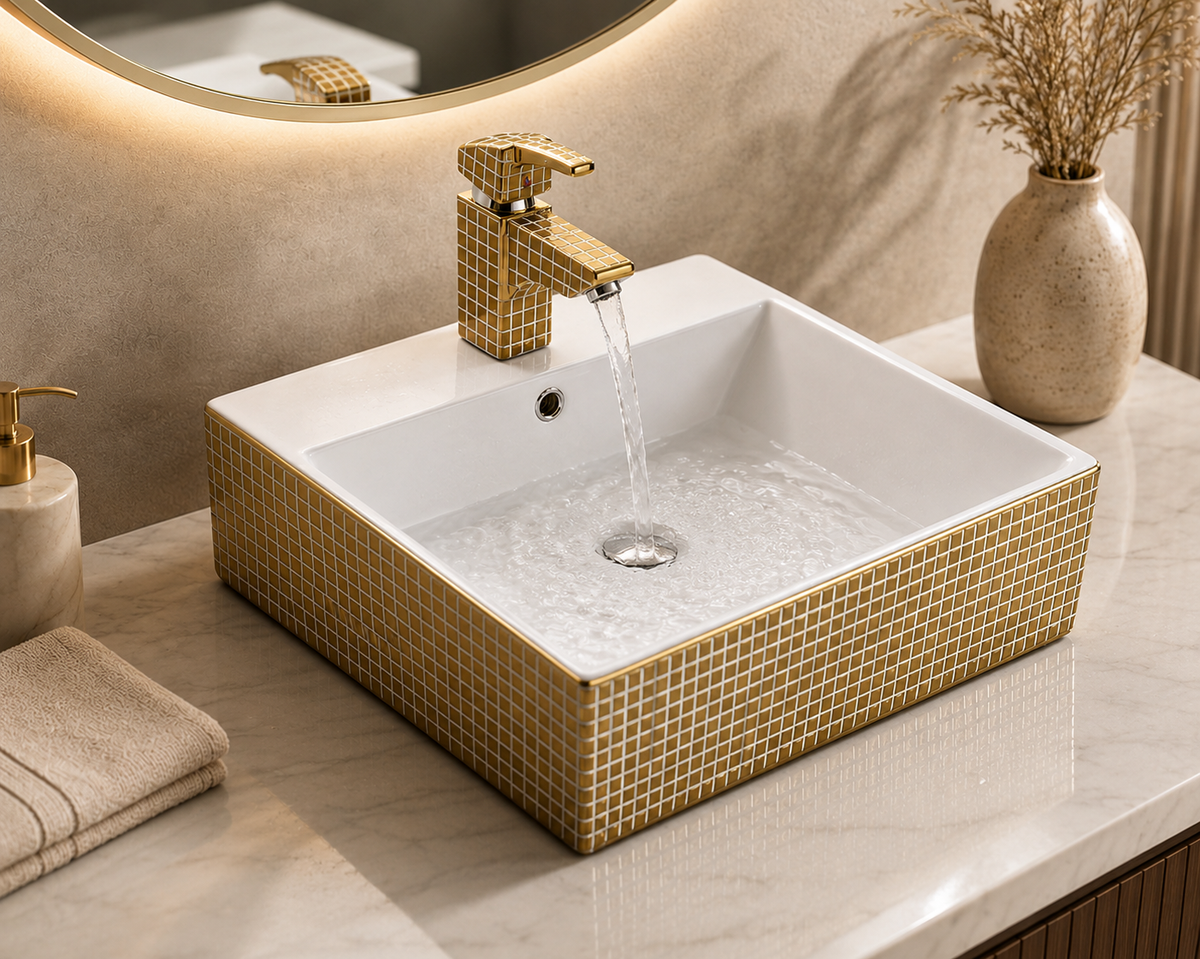Luxury Gold Mosaic Art Basin with Designer Faucet SANITARYHOMESUPPLIER